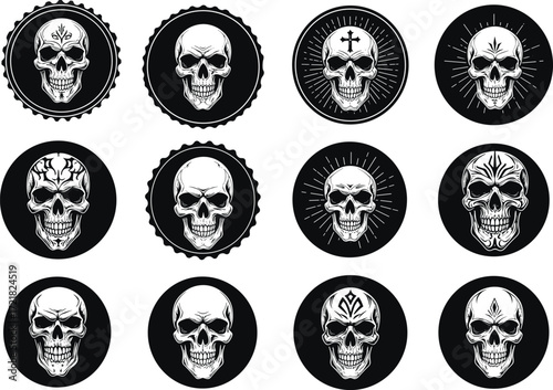 Vintage skull emblem collection, gothic tattoo design elements, horror illustration set, dark art style, decorative skull vector icons for branding