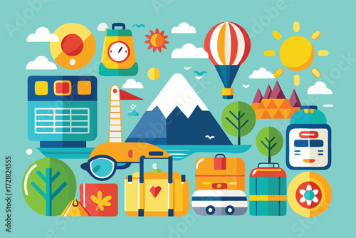 Travel icons and elements create an adventure-themed collage in bright colors