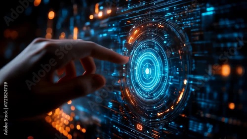 Wallpaper Mural Futuristic Digital Interface: Human Finger Activating a Glowing Blue and Orange AI Control Panel Torontodigital.ca