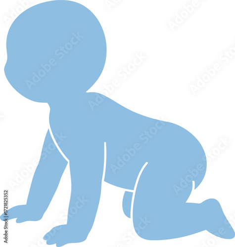 Simple blue silhouette of a baby crawling on a white background