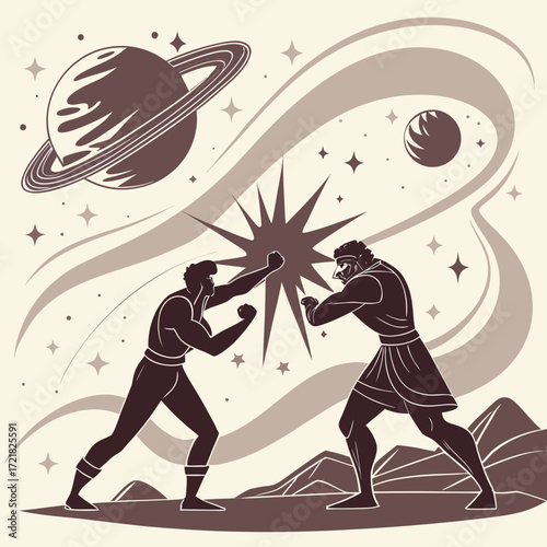 Silhouettes of titans clashing across galaxies with stars exploding in cosmic sky.svg