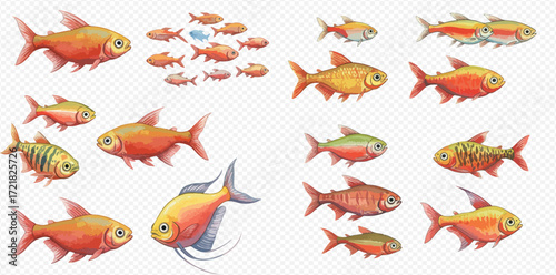 A diverse collection of colorful, stylized fish illustrations, featuring various species and a school.