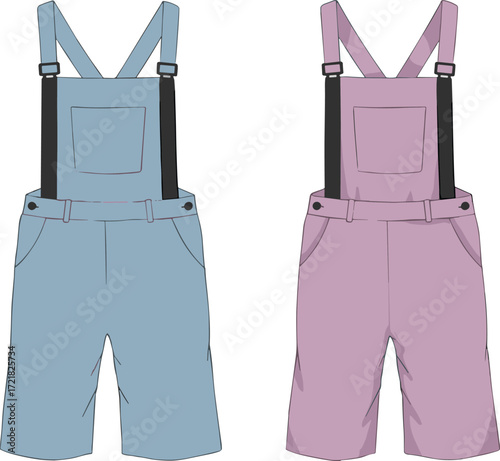 Blue overall fashion illustration, pink overall clothing design, digital drawing workwear, trendy unisex jumpsuit apparel, modern garment sketch, stylish outfit vector, casual wear concept art