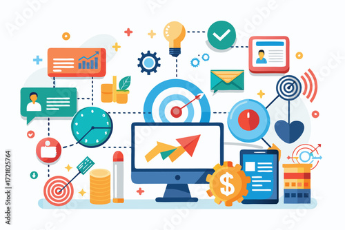 Visual representation of digital marketing concepts and data analysis tools for business growth and strategy