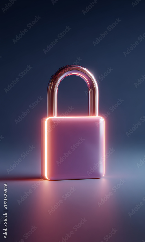 Fototapeta premium Stylized neon padlock glowing in pink and purple light on dark background, representing digital security and data protection 