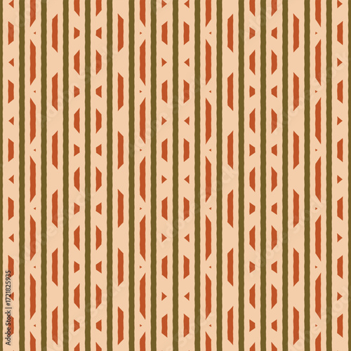 Abstract tribal vector seamless pattern. Modern ornamental design with stripes and geometric shapes in warm terracotta and muted beige tones. Ethnic folk rustic repeat tile with retro vintage feel