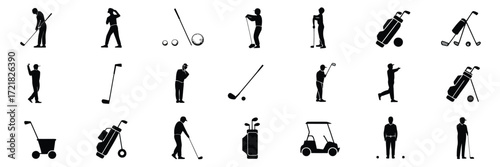 Black Golf Icon Vector Set,  Silhouette Symbols of Players, Clubs, Balls, Flags, Tee, Hole, and Course Elements for Sports Design, Mobile Apps, Infographics, and Graphic Projects