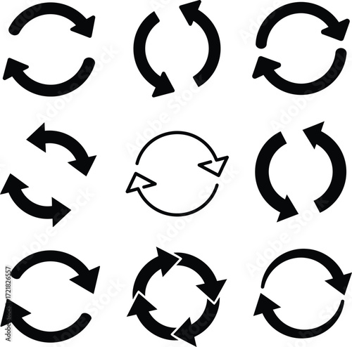 Collection of black circular arrows showing different rotation and loop directions