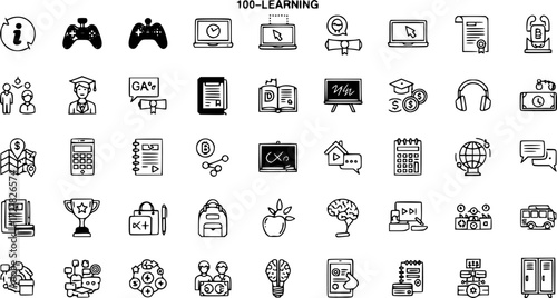 set of 100 glyph e learning and education web icons. filled icons such as information,game-based learning,online,qualification,digital book,chalkboard,progress,lockers. vector illustration