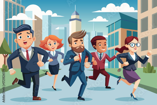 Business professionals running through a city street during a sunny day