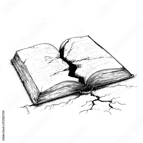Open book with cracked spine and damaged pages on white background  