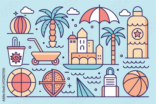 Bright summer beach scene with colorful elements such as palm trees, drinks, and sports equipment