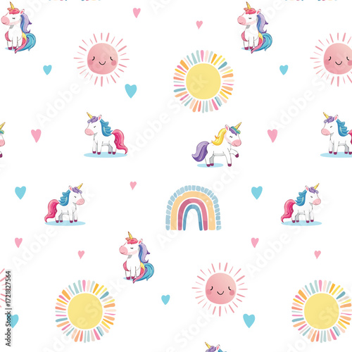 Cute Unicorn and Rainbow Seamless Pattern with Sun, Hearts, and Pastel Elements for Kids