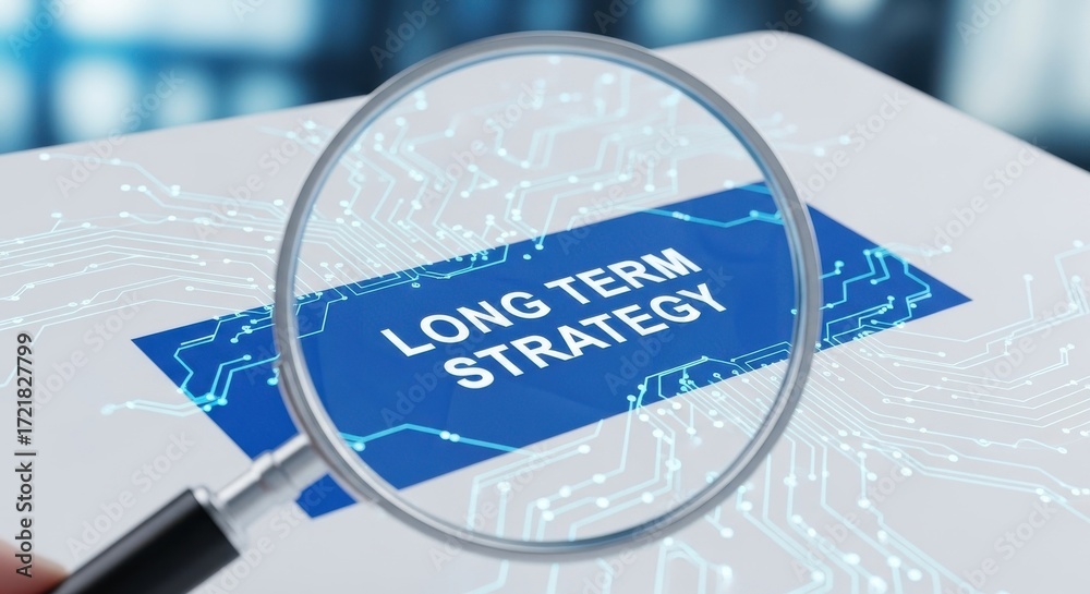 Naklejka premium Magnifying glass over Long Term Strategy with technology background