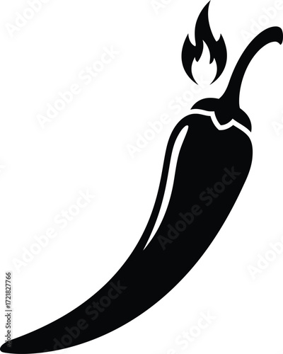 Simple black and white illustration of a chili pepper with a flame