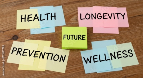 Conceptual sticky notes outlining health, longevity, prevention, and wellness for the future