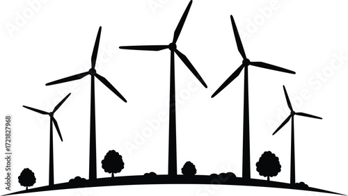 Black silhouette of wind turbines and trees against a white background