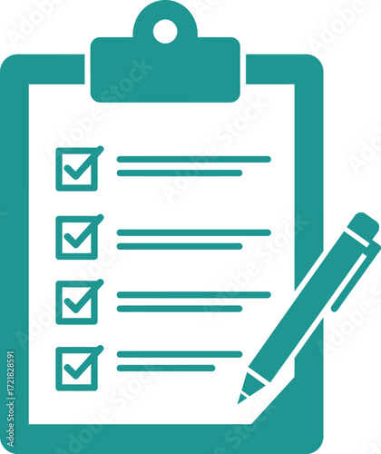 A teal clipboard with a checklist and pen symbolizing task completion