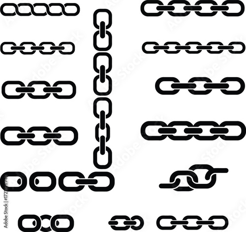 Black chain links arranged in varying patterns and configurations displayed
