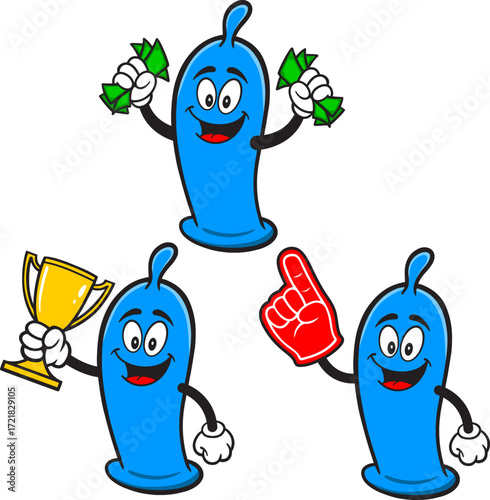 Condom Mascot Set 04, Hand Drawn illustrations of Condom Mascots in various poses.