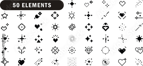 Pixel art geometric shapes set. Hearts, stars, sparkles, retro, gaming, decorative and more