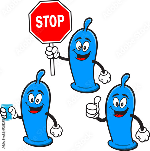 Condom Mascot Set 03, Hand Drawn illustrations of Condom Mascots in various poses.