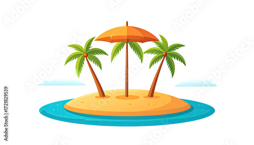 Cartoon island scene with palm trees and umbrella
