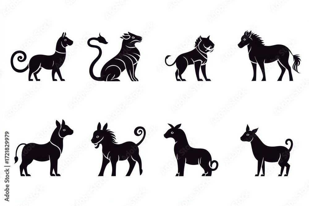 Fototapeta premium The Chinese zodiac signs are presented in a set that includes twelve animal silhouettes created in a graphic or engraved style, characterized as modern illustration