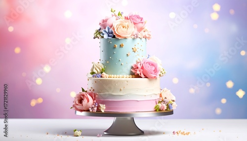 Elegant multi-tiered cake with pastel flowers
