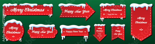 Christmas snow buttons, red banners with snow caps and greeting text. Vector set.