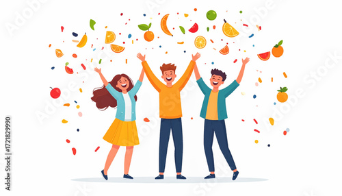 A group of joyful friends celebrating with an explosion of colorful fruit and confetti.