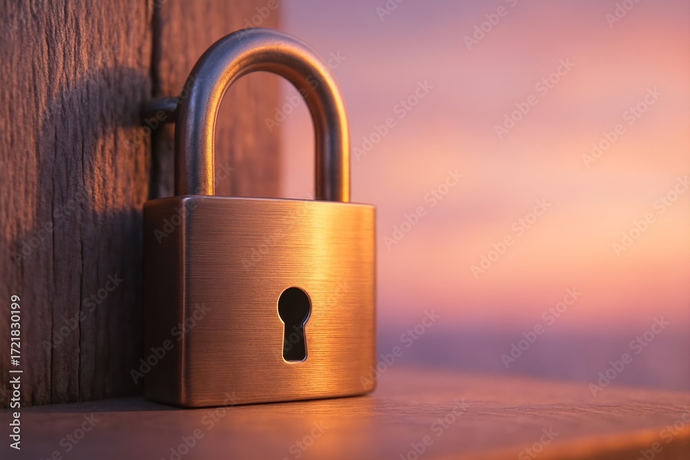 Fototapeta premium Padlock on Wooden Surface at Sunset, Security and Protection Concept
