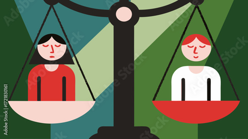Illustration of scales with two figures representing balance and equality in a stylized design on transparent background silhouette