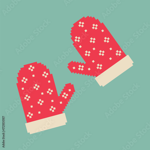Red mittens in pixel art style. Winter mittens with patterns, 8-bit. Isolated vector illustration.