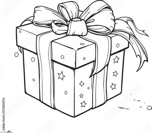 A black and white line drawing of a present with a bow and star and circle decorations on the box