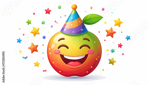 Happy apple character wearing a party hat and surrounded by confetti and stars, celebrating