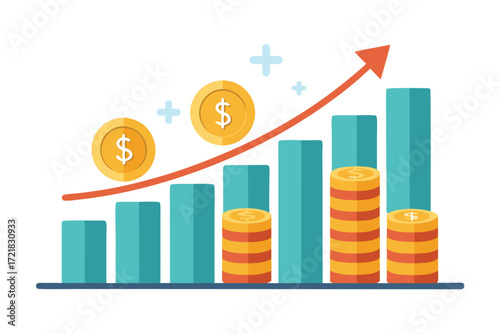 Growth trend illustration showing increasing profits with bars and coins