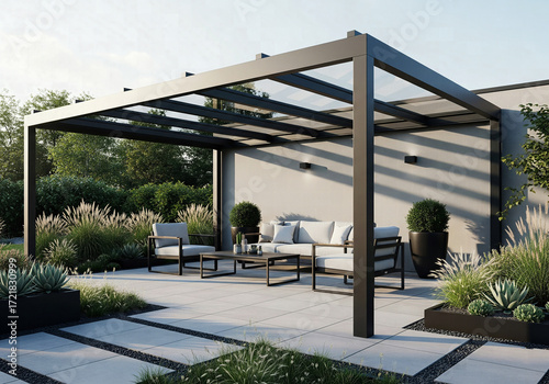 Modern minimalist patio with a black metal and glass roof pergola, stylish outdoor furniture, and contemporary landscaping. 3D rendering.