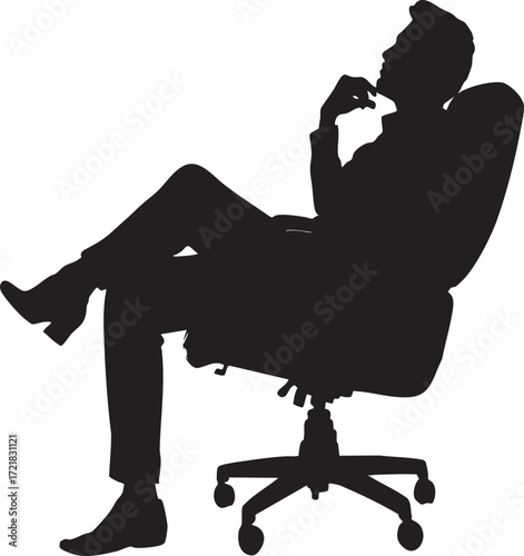 Silhouette of a man reclining in an office chair in a relaxed pose with hand to chin thinking deeply