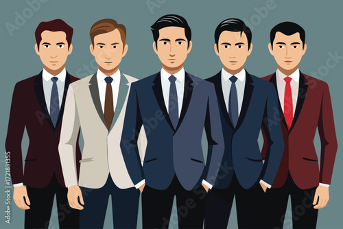 Group of five men in smart suits standing together, showcasing diverse patterns and colors in a professional setting