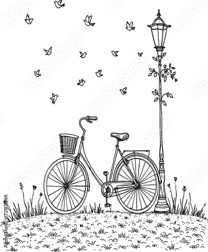 A whimsical drawing of a bicycle parked by a lamp post with birds flying above on a white background