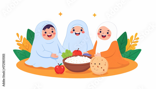 Three joyful Muslim children sharing a meal with happy smiles in a cute cartoon illustration