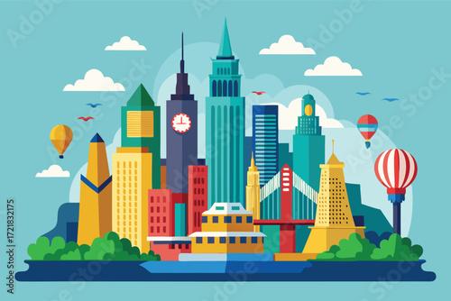 Colorful city skyline featuring various landmarks and hot air balloons against a blue background