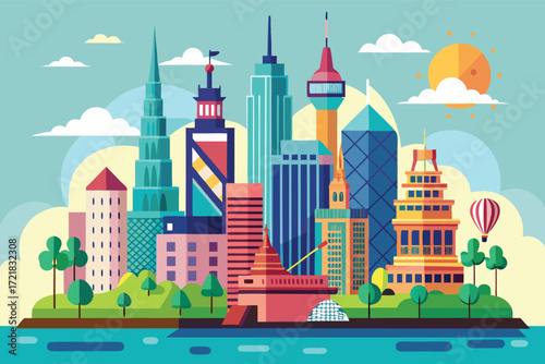 Colorful skyline illustration featuring modern buildings and a hot air balloon in a vibrant city landscape