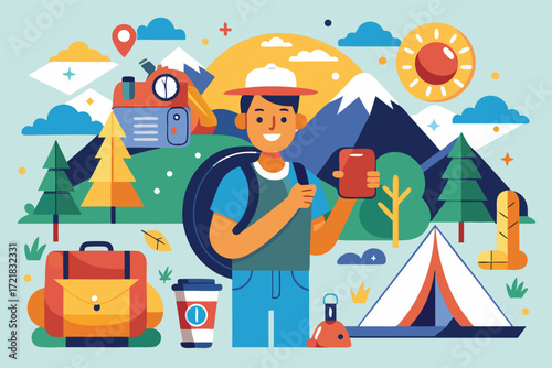 Young man enjoying a hike and outdoor adventure with camping gear in a scenic mountain landscape