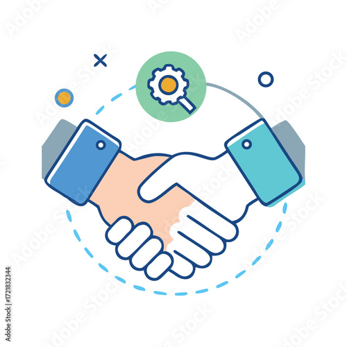 Handshake partnership concept with gear and magnifying glass symbolizing collaboration and agreement