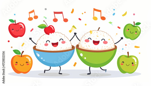 Cheerful cartoon rice bowls and apples celebrate with vibrant music notes and colorful confetti, depicting a joyful culinary party scene filled with happiness and playful characters