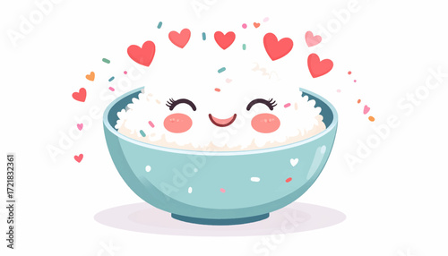 Cute bowl of rice with heart confetti, illustration of a happy smiling rice character showering love and joy