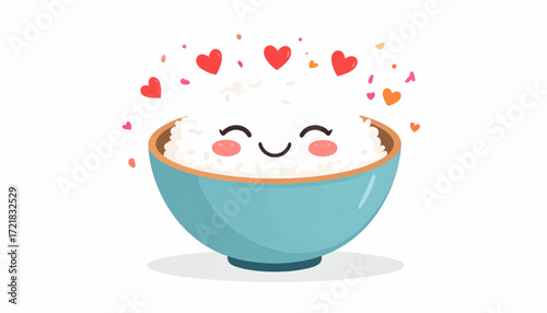 Adorable Kawaii Rice Bowl with Heart Confetti - Vector Illustration