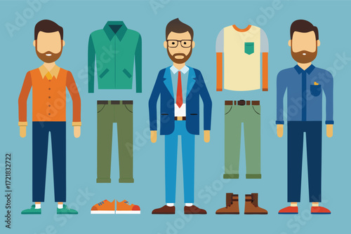Stylish menswear collection featuring casual and business outfits on a blue background